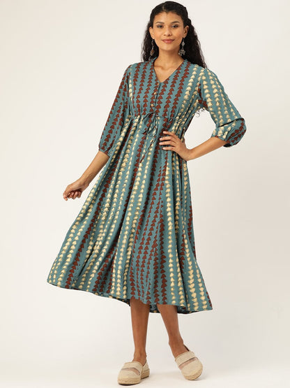 Women's Teal Geo Print Drawstring Kurta Dress