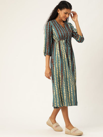 Women's Teal Geo Print Drawstring Kurta Dress