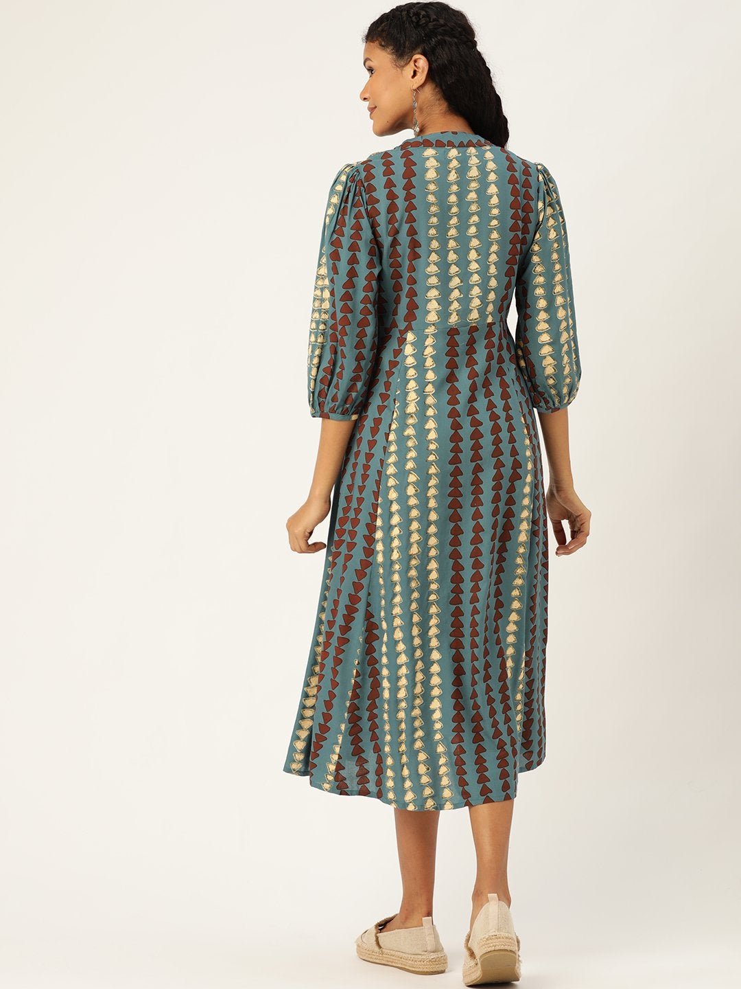 Women's Teal Geo Print Drawstring Kurta Dress