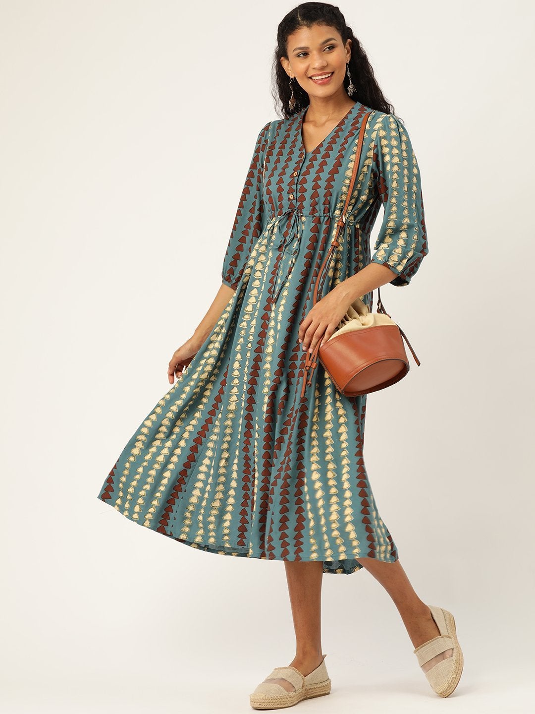 Women's Teal Geo Print Drawstring Kurta Dress