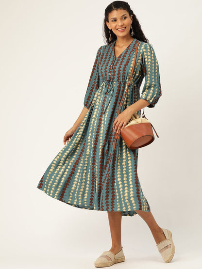 Women's Teal Geo Print Drawstring Kurta Dress