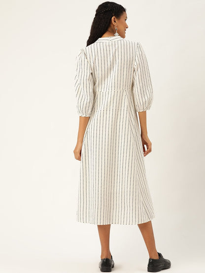 Women's Off White Geo Print Drawstring Kurta Dress