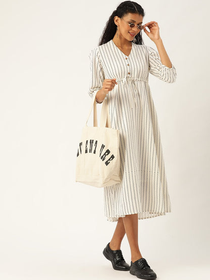 Women's Off White Geo Print Drawstring Kurta Dress