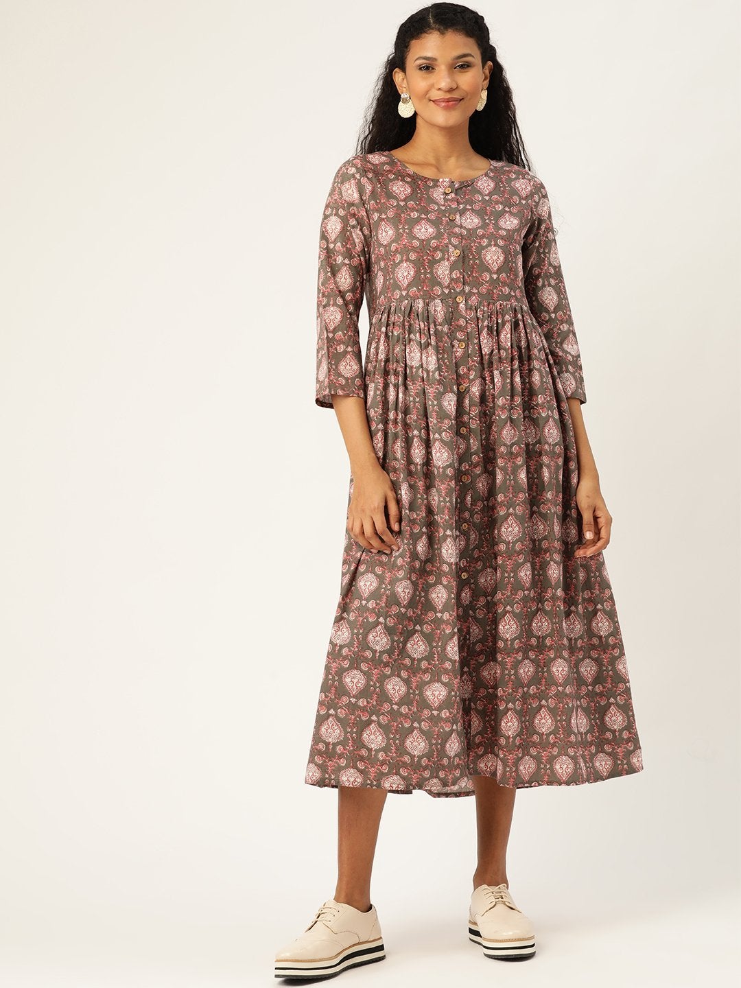Women's Grey Print Gathered Front Button Kurta Dress