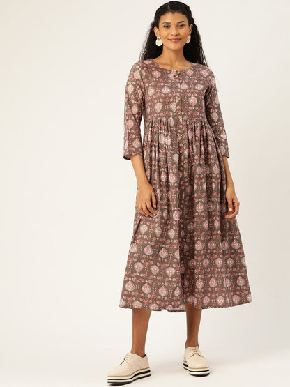 Women's Grey Print Gathered Front Button Kurta Dress
