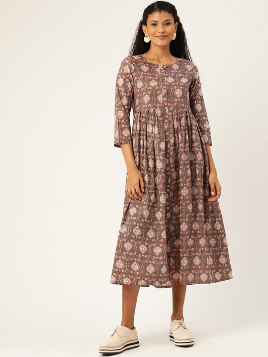 Women's Grey Print Gathered Front Button Kurta Dress