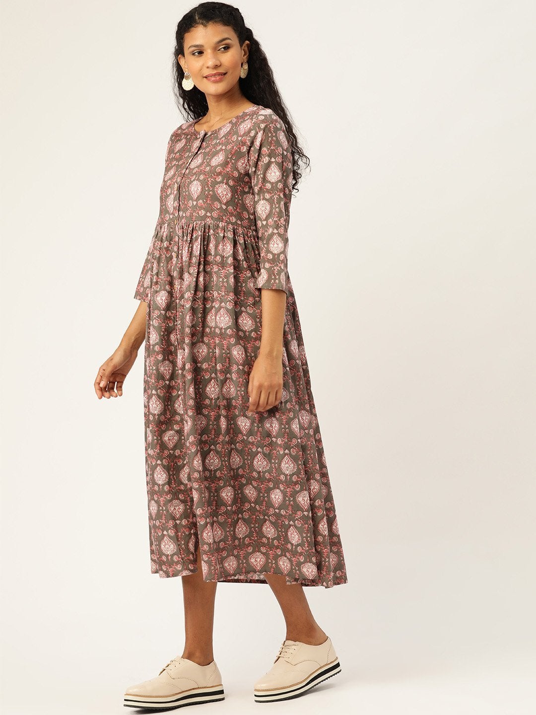 Women's Grey Print Gathered Front Button Kurta Dress