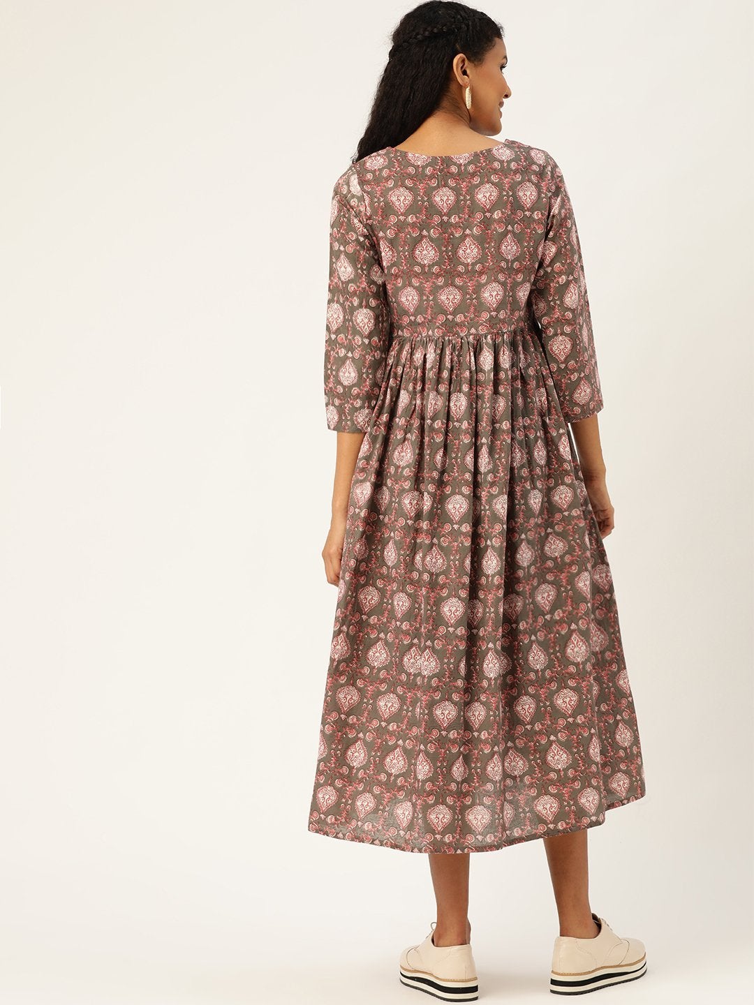 Women's Grey Print Gathered Front Button Kurta Dress