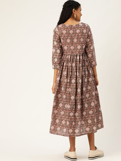 Women's Grey Print Gathered Front Button Kurta Dress