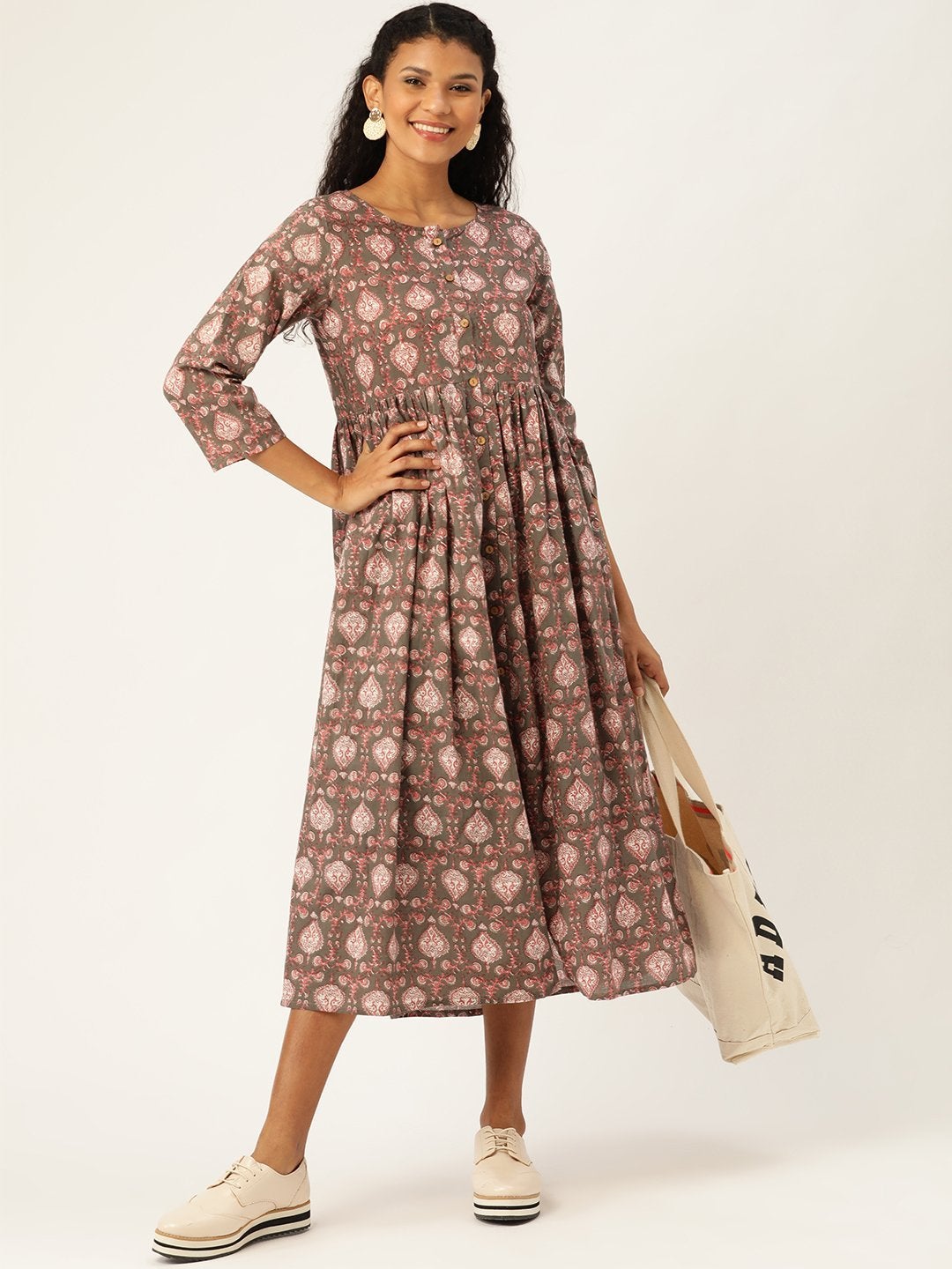 Women's Grey Print Gathered Front Button Kurta Dress