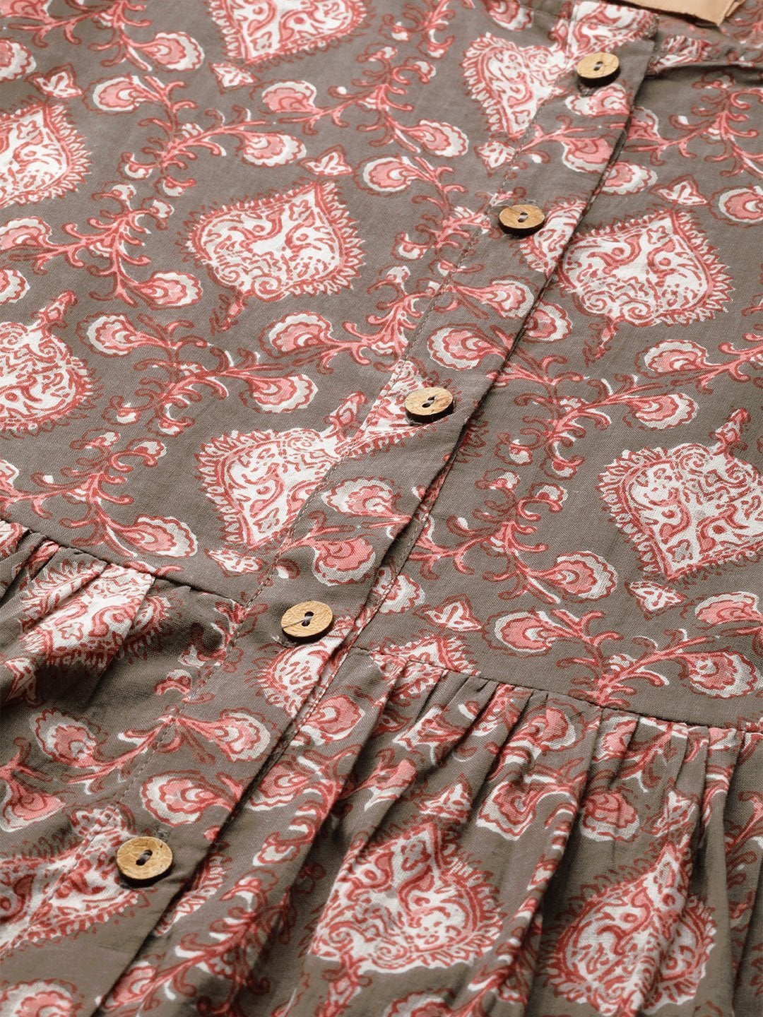 Women's Grey Print Gathered Front Button Kurta Dress