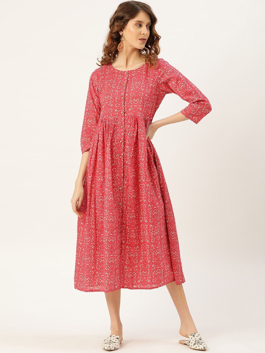 Women's Pink Printed Gathered Front Button Kurta Dress