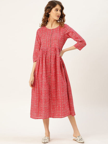 Women's Pink Printed Gathered Front Button Kurta Dress