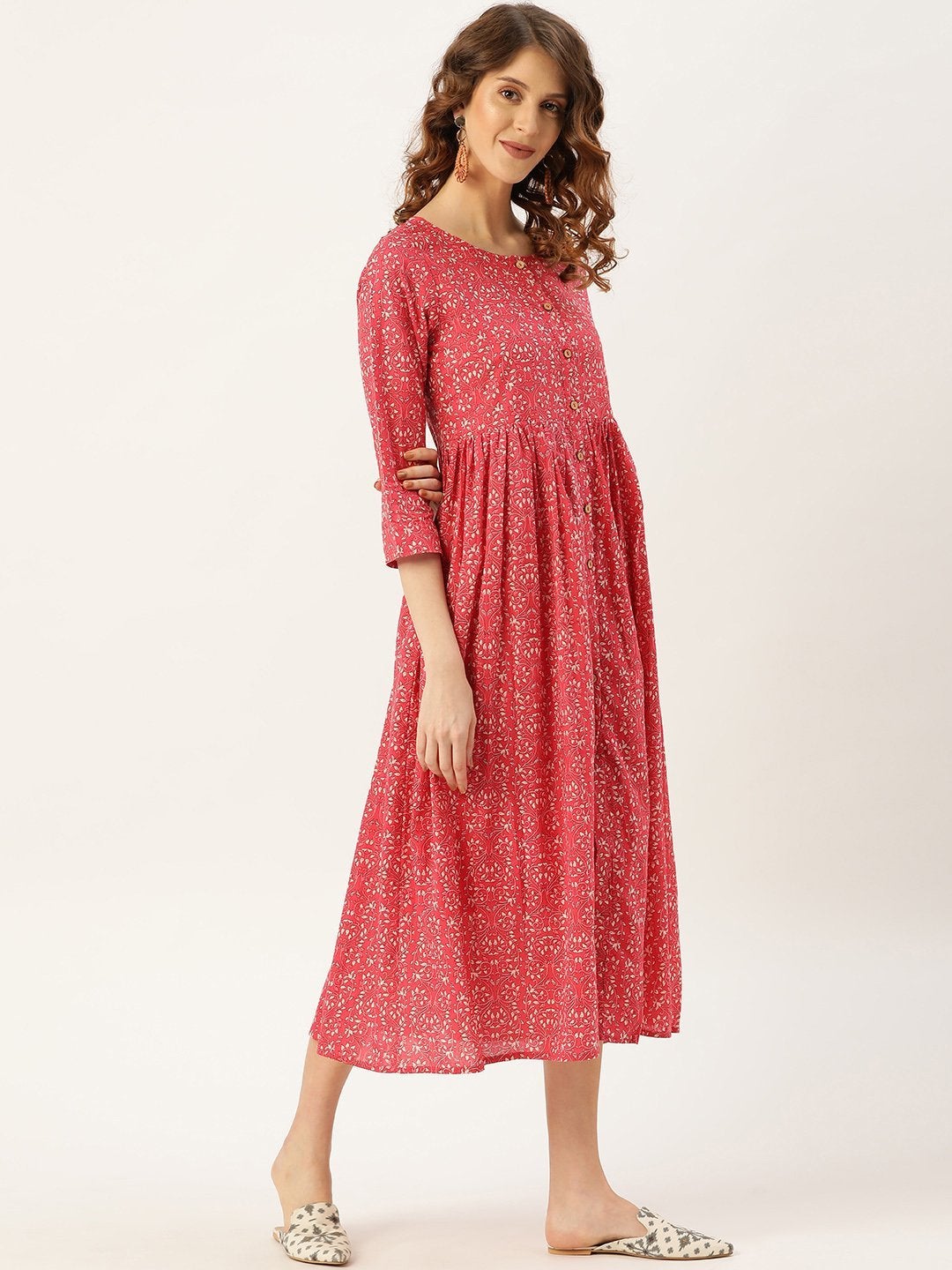 Women's Pink Printed Gathered Front Button Kurta Dress