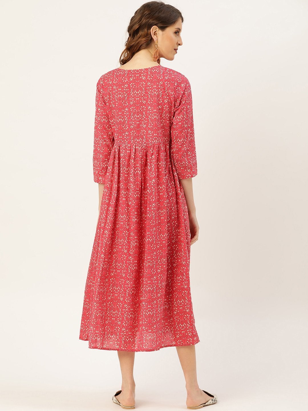 Women's Pink Printed Gathered Front Button Kurta Dress