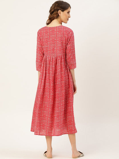 Women's Pink Printed Gathered Front Button Kurta Dress