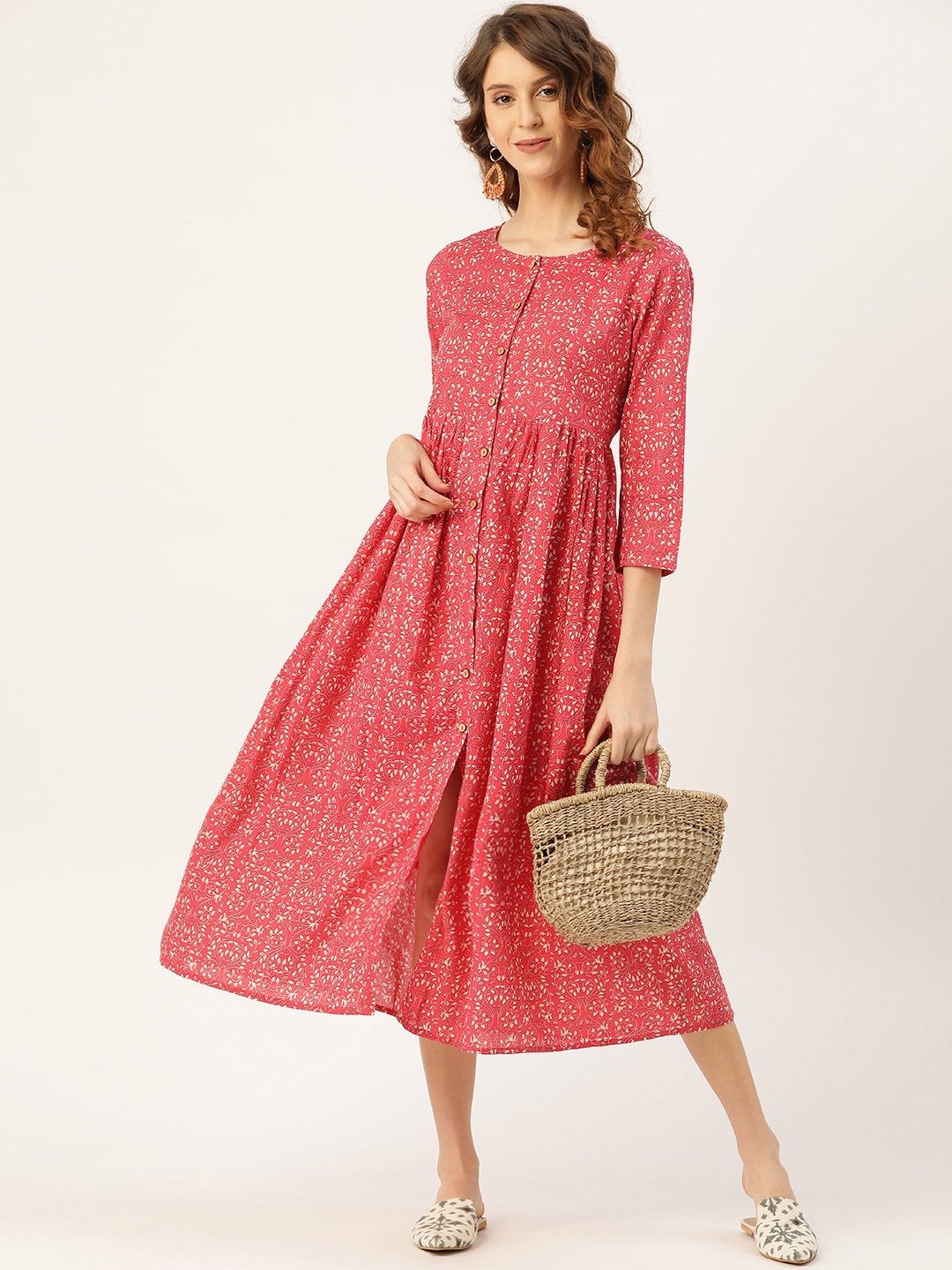 Women's Pink Printed Gathered Front Button Kurta Dress