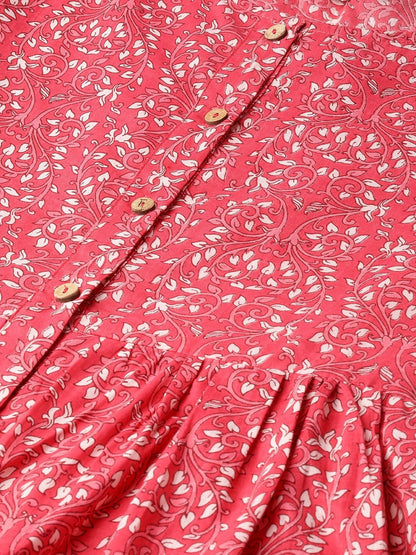 Women's Pink Printed Gathered Front Button Kurta Dress