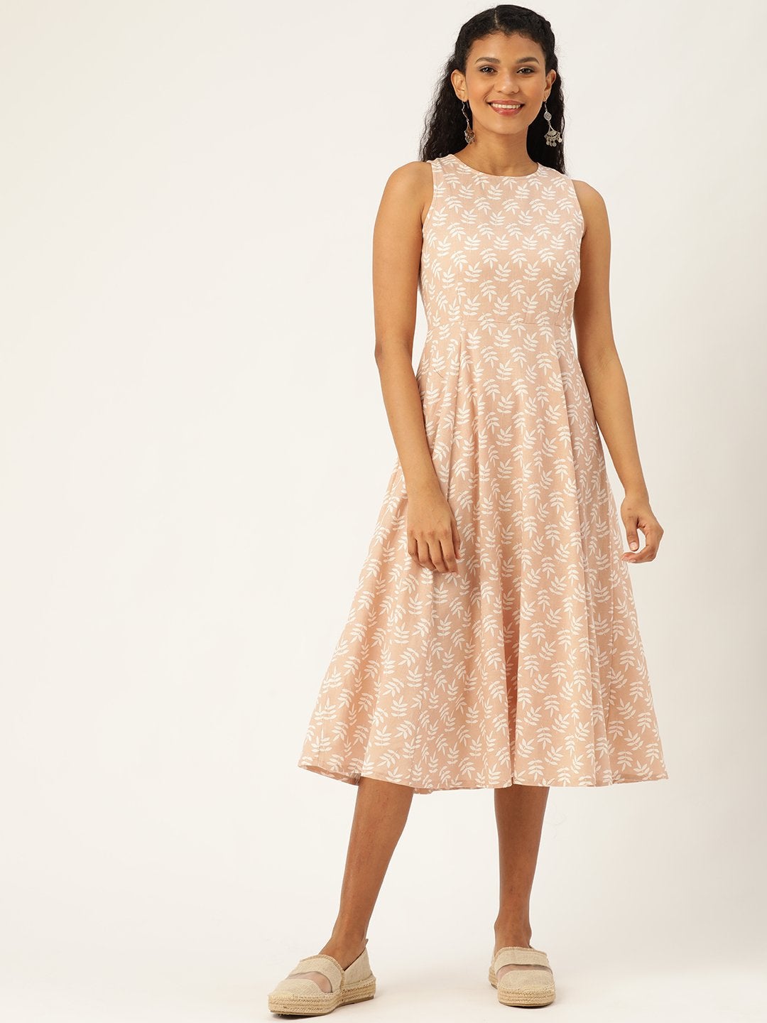 Women's Peach Printed  Sleeveless Kurta Dress