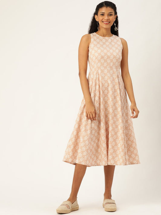 Women's Peach Printed  Sleeveless Kurta Dress