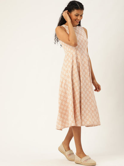 Women's Peach Printed  Sleeveless Kurta Dress