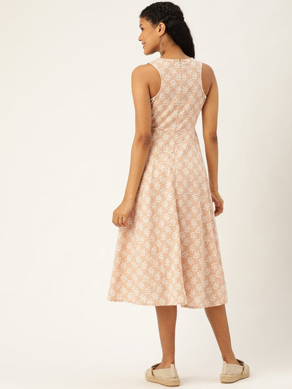Women's Peach Printed  Sleeveless Kurta Dress