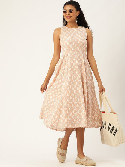 Women's Peach Printed  Sleeveless Kurta Dress