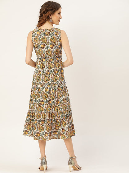Women's White Floral Sleeveless Tiered Kurta Dress