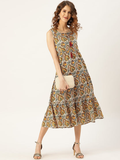Women's White Floral Sleeveless Tiered Kurta Dress