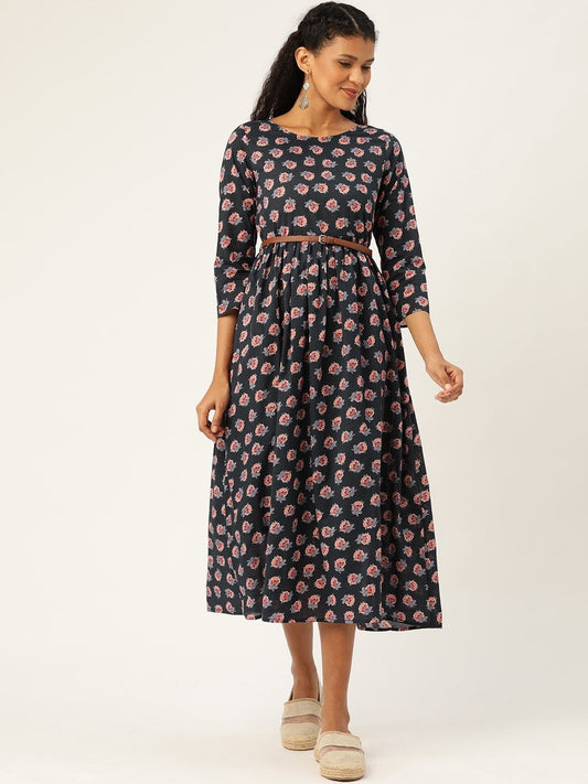 Women's Navy Floral Gathered Kurta Dress
