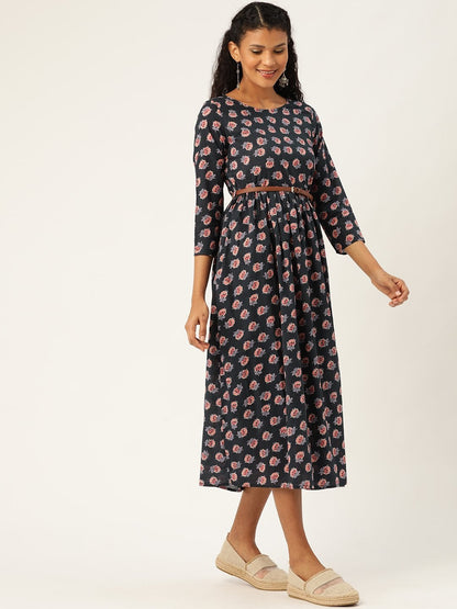 Women's Navy Floral Gathered Kurta Dress