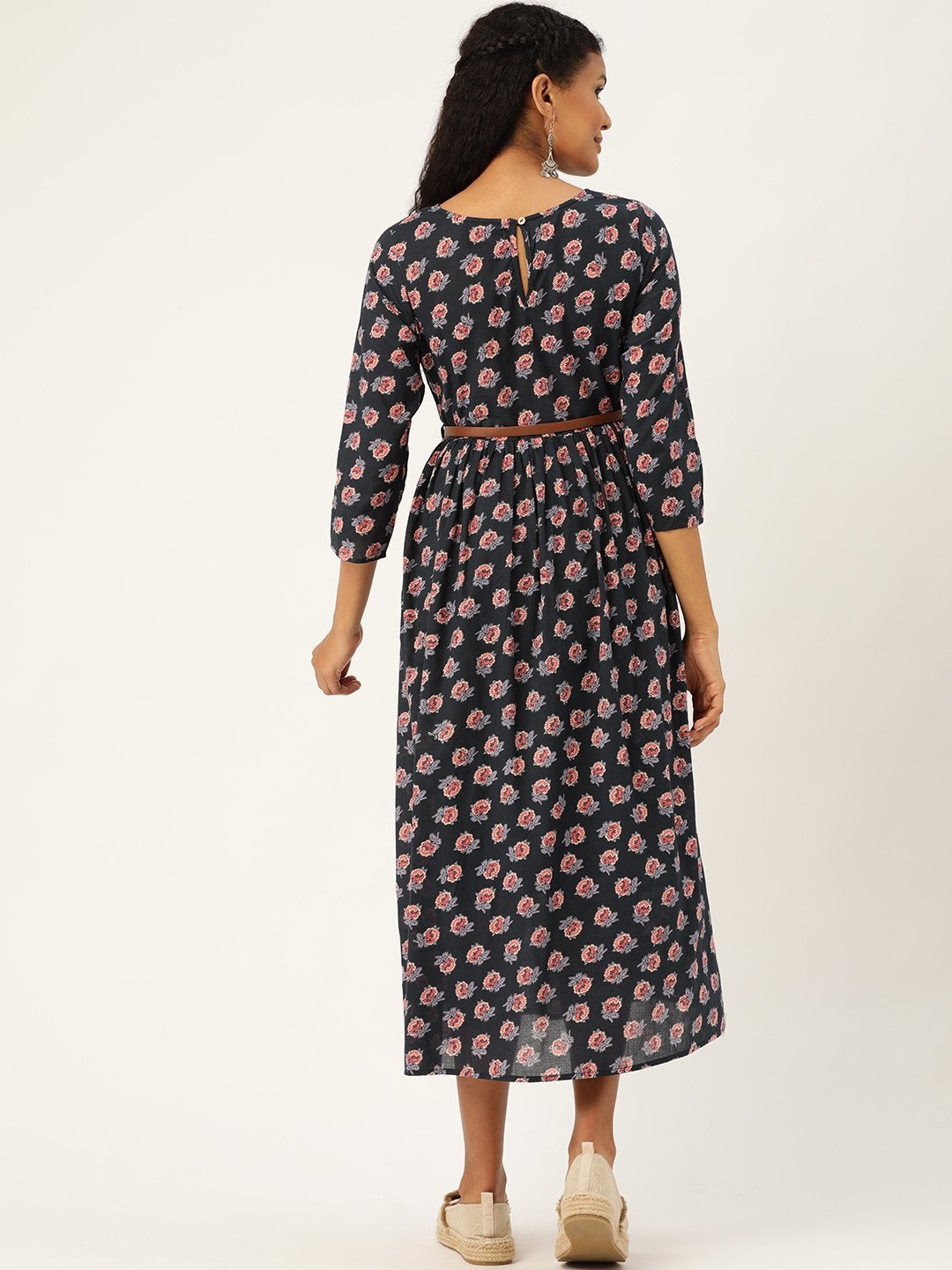 Women's Navy Floral Gathered Kurta Dress