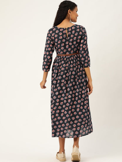 Women's Navy Floral Gathered Kurta Dress