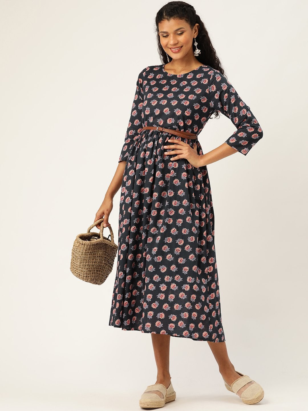 Women's Navy Floral Gathered Kurta Dress