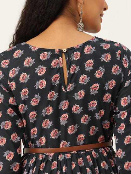 Women's Navy Floral Gathered Kurta Dress