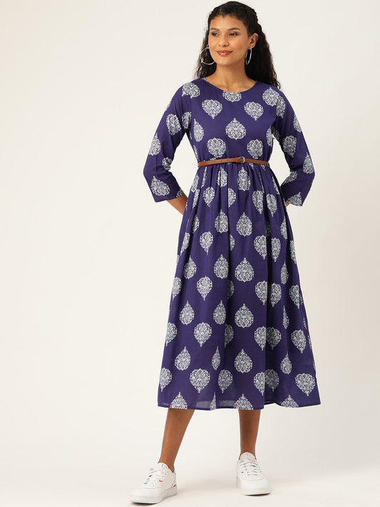 Women's Blue Floral Booti Gathered Kurta Dress