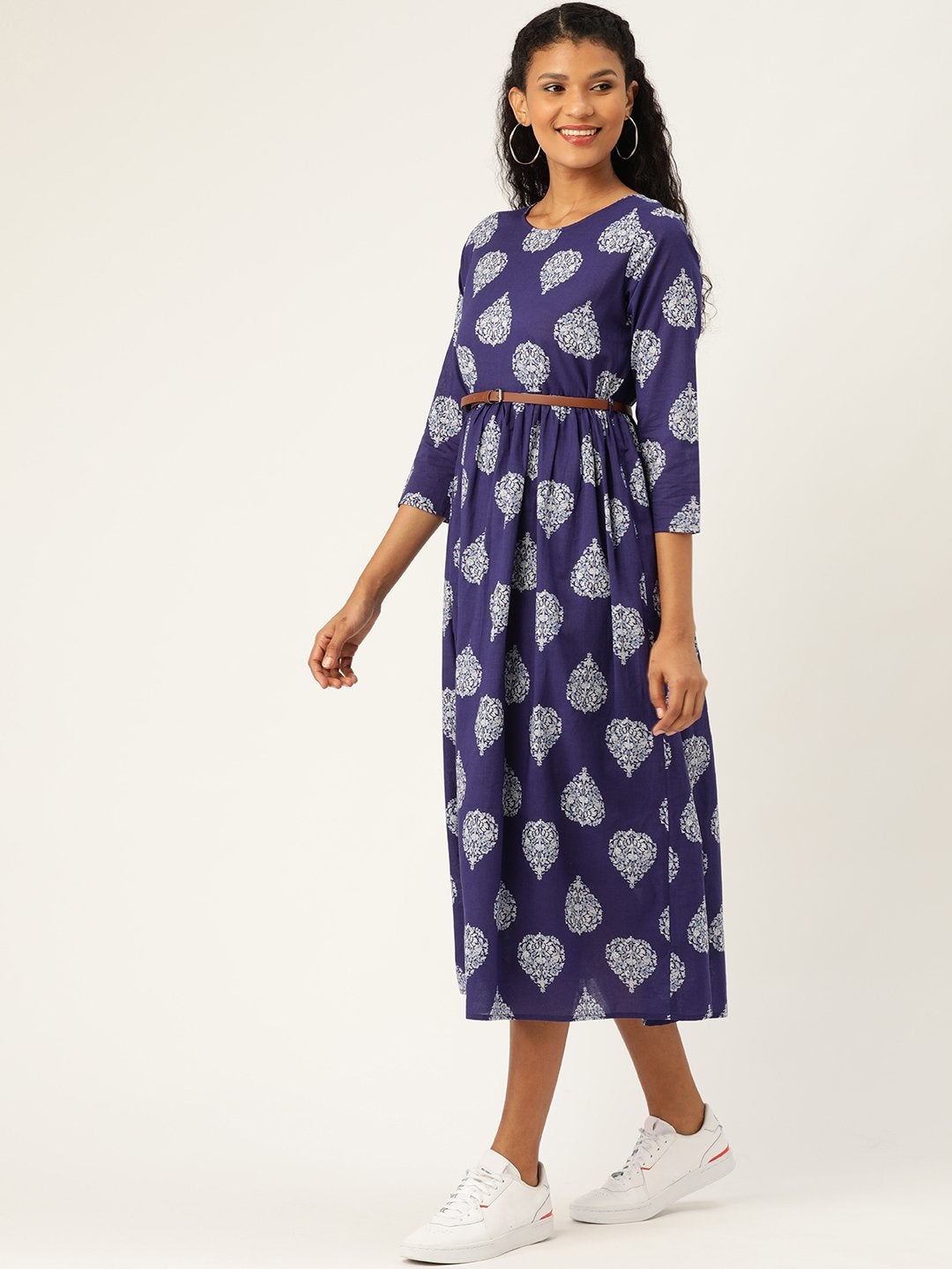 Women's Blue Floral Booti Gathered Kurta Dress