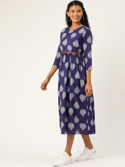 Women's Blue Floral Booti Gathered Kurta Dress