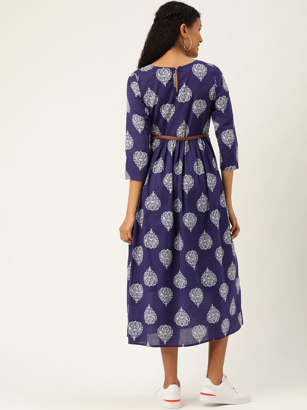 Women's Blue Floral Booti Gathered Kurta Dress