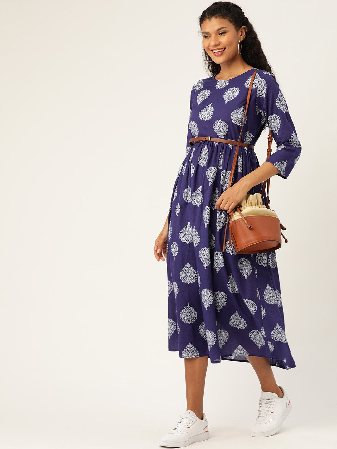 Women's Blue Floral Booti Gathered Kurta Dress