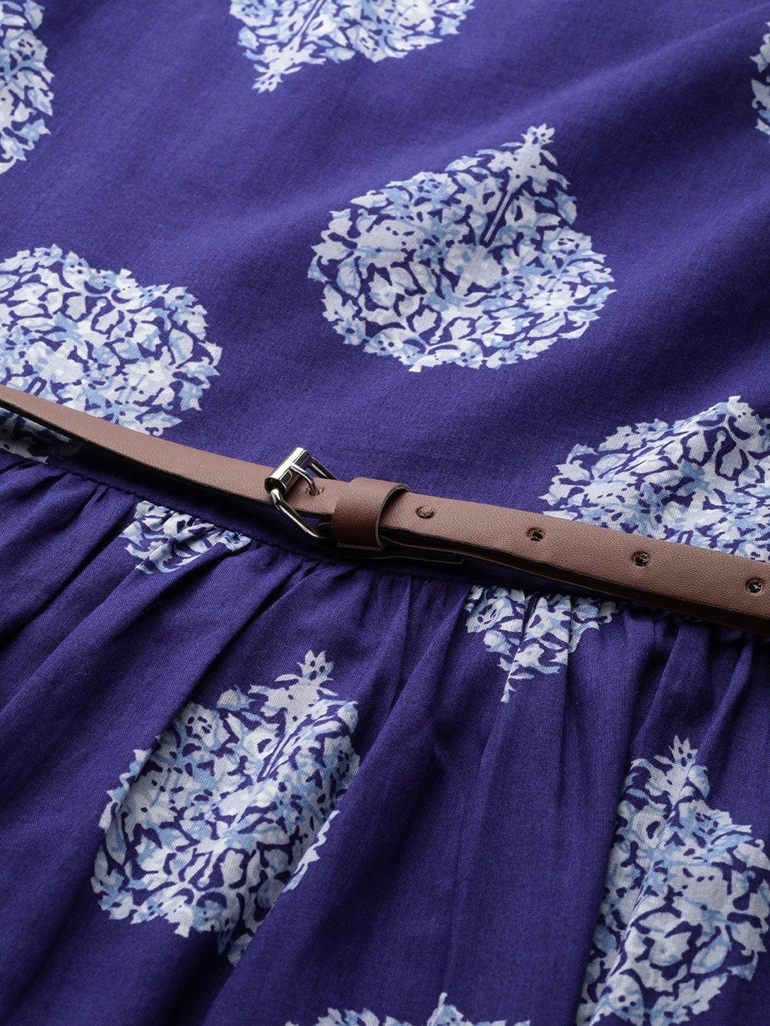 Women's Blue Floral Booti Gathered Kurta Dress