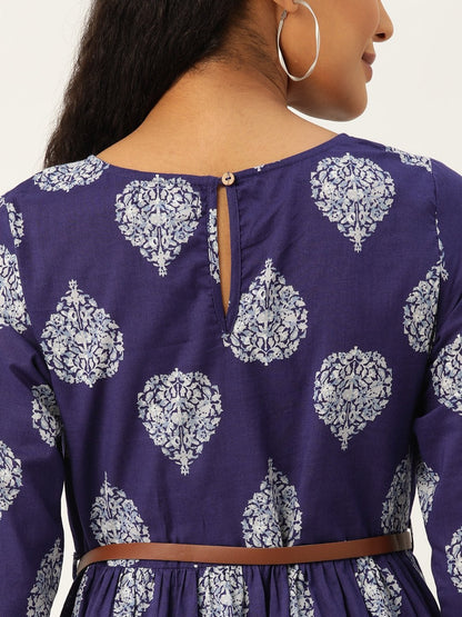 Women's Blue Floral Booti Gathered Kurta Dress