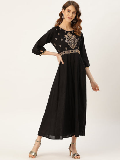Women's Black Zari Embroidery Kurta Dress