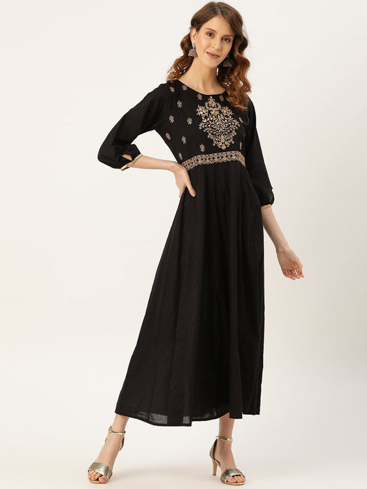 Women's Black Zari Embroidery Kurta Dress