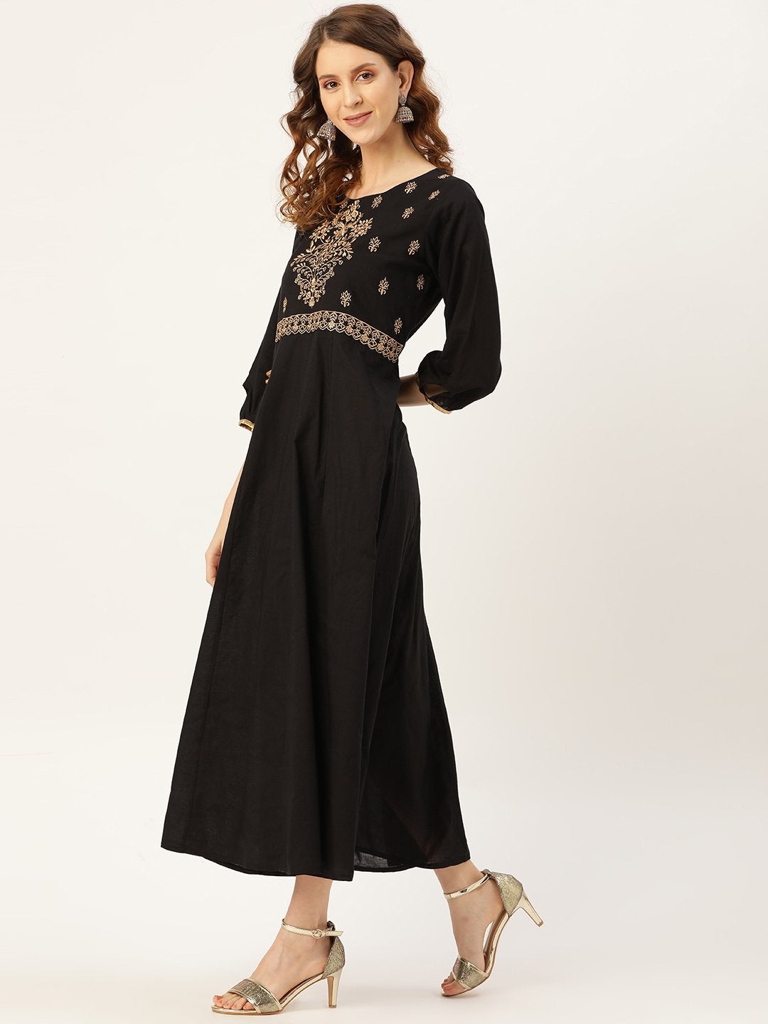 Women's Black Zari Embroidery Kurta Dress