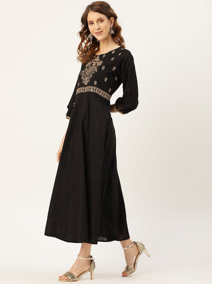 Women's Black Zari Embroidery Kurta Dress