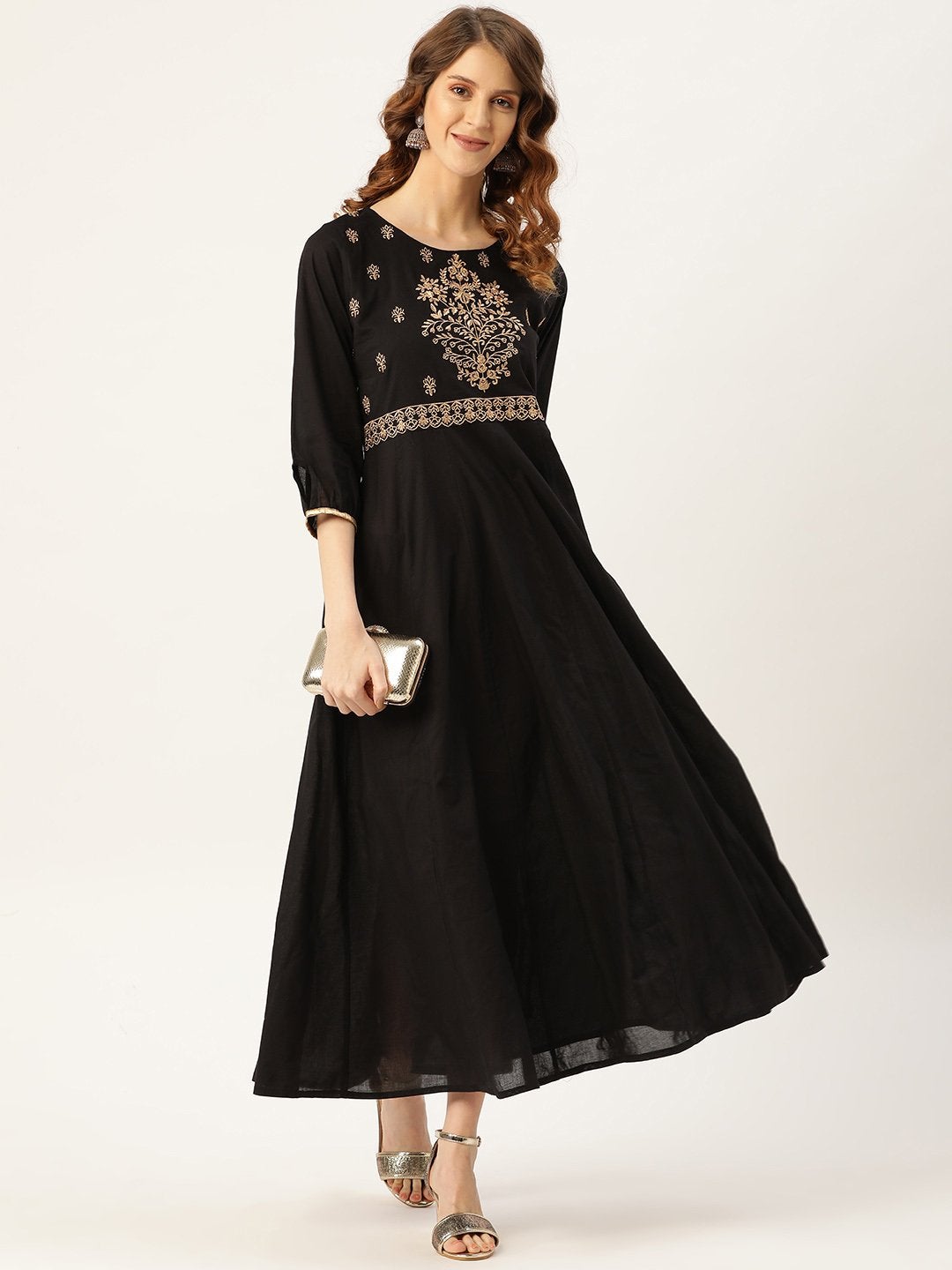 Women's Black Zari Embroidery Kurta Dress