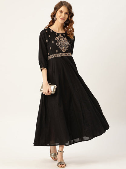 Women's Black Zari Embroidery Kurta Dress