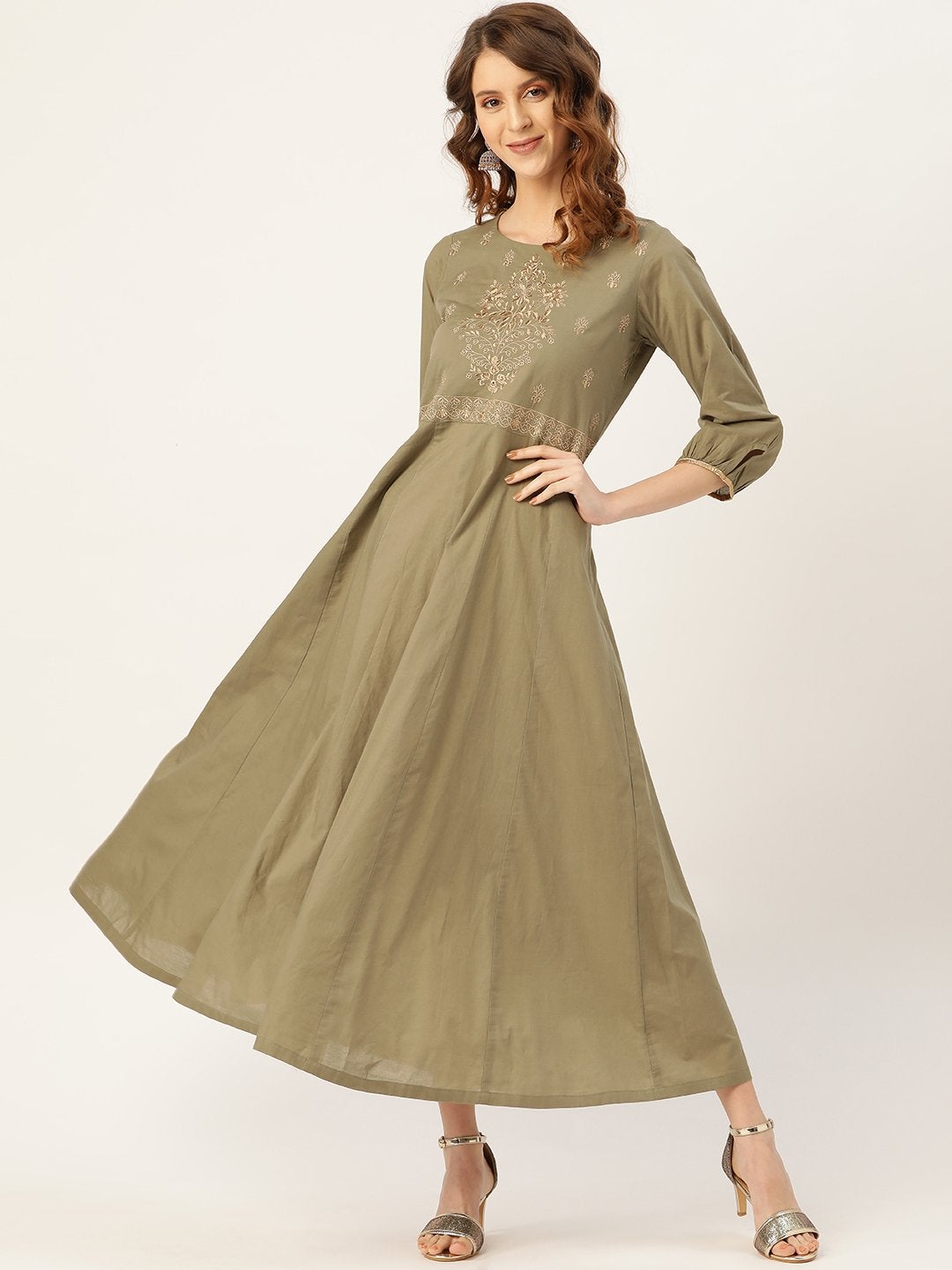 Women's Olive Zari Embroidery Kurta Dress