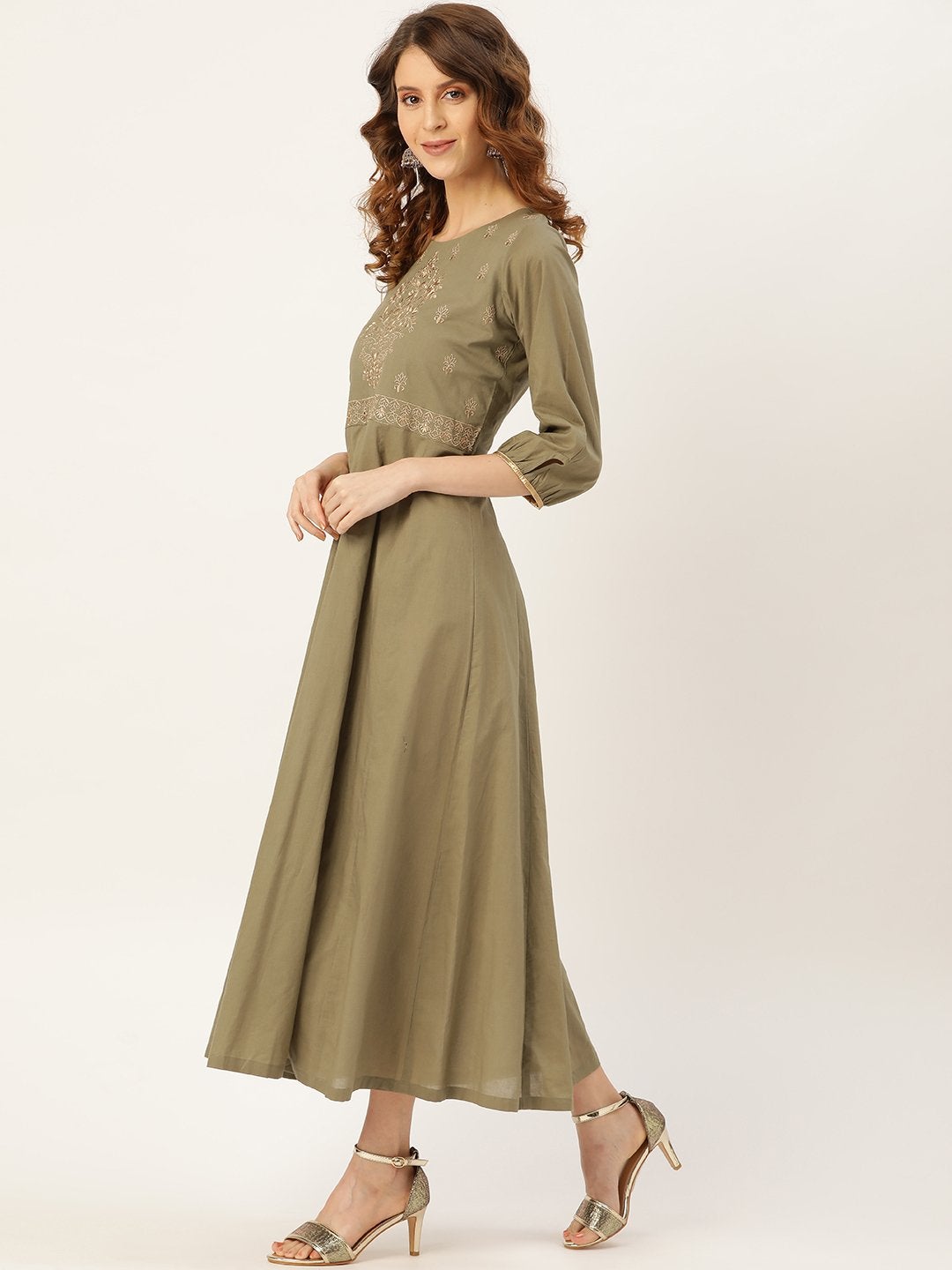 Women's Olive Zari Embroidery Kurta Dress